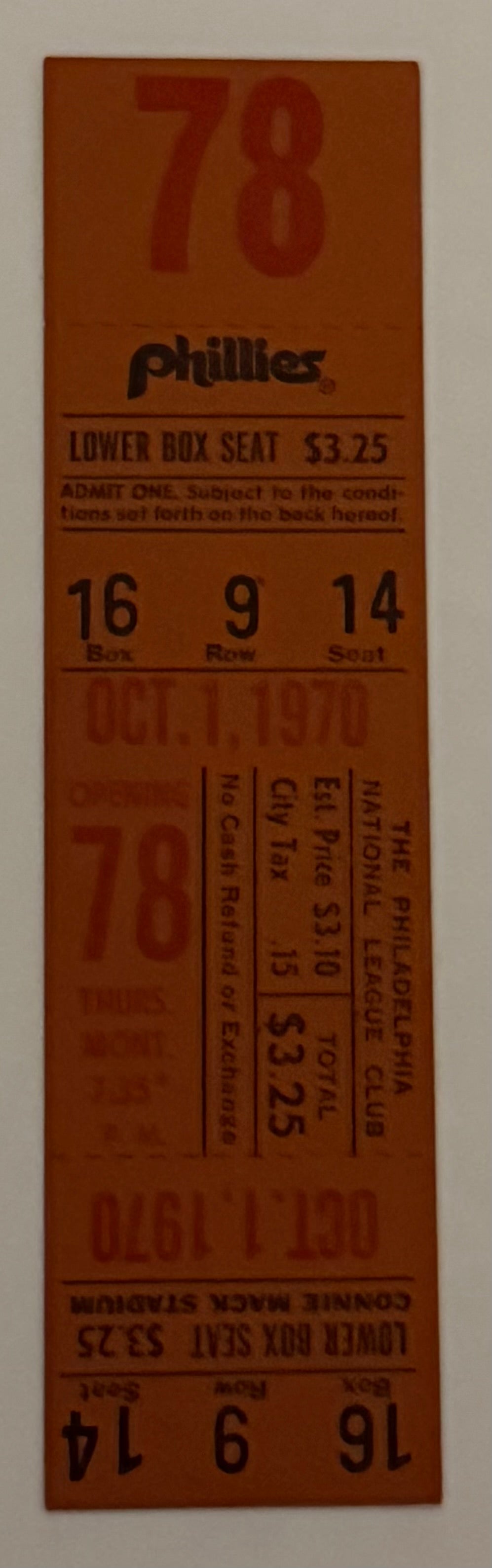 1970 Full Ticket to Last Game Played at Connie Mack Stadium, October 1, 1970