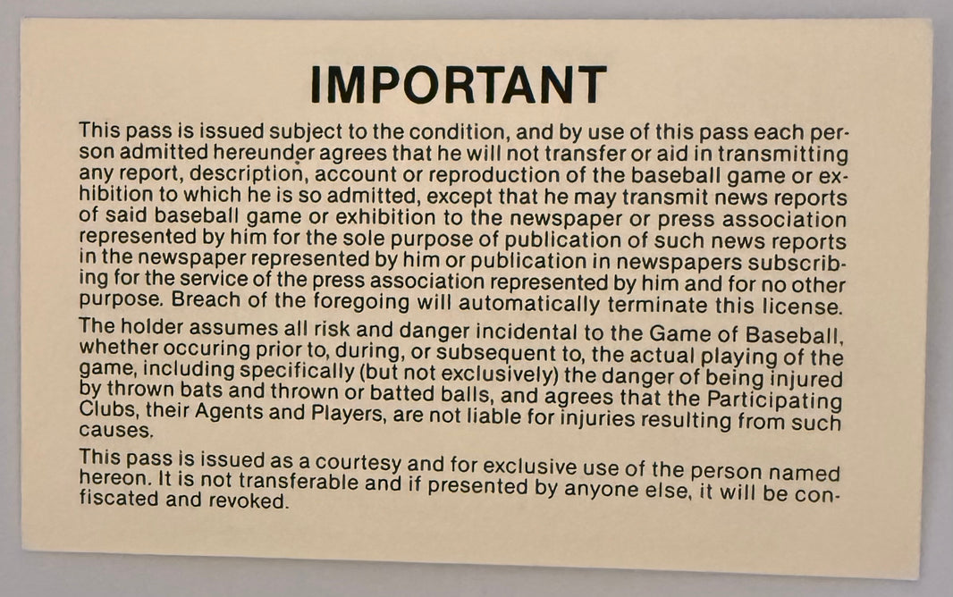 1988 San Francisco Giants Candlestick Park Press Pass