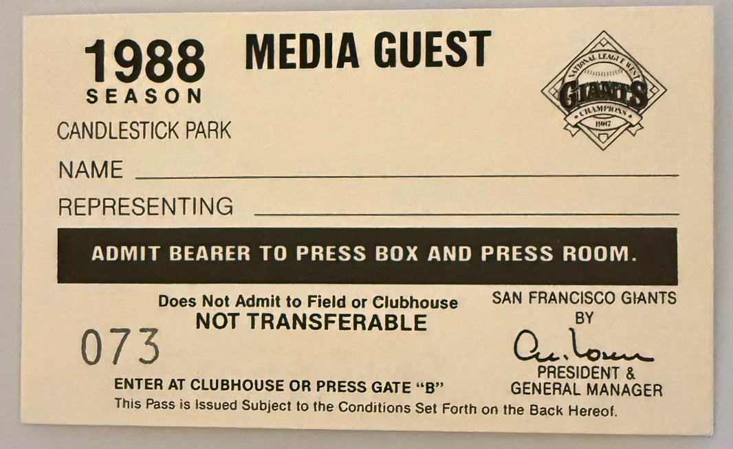 1988 San Francisco Giants Candlestick Park Press Pass