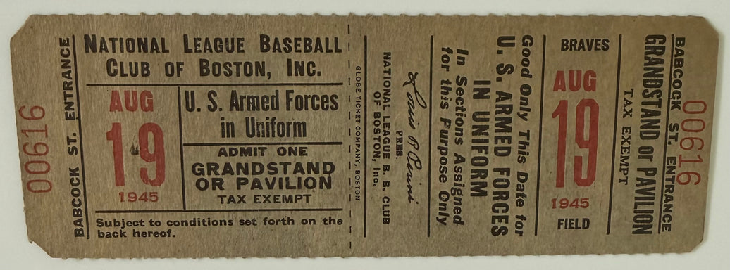 August 19, 1945, Boston Braves - Fenway Park, Armed Forces in Uniform Day, Condition-Reverse