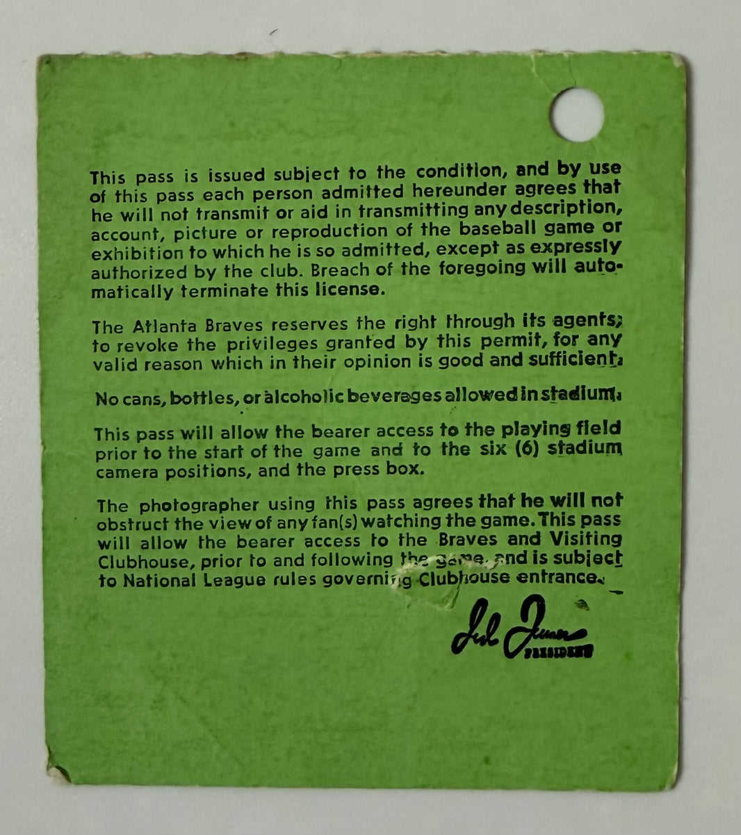 April 23, 1983, Atlanta Braves Clubhouse Press Pass