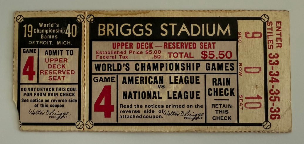 1940 World Series Ticket, Detroit at Briggs Stadium, Game 4