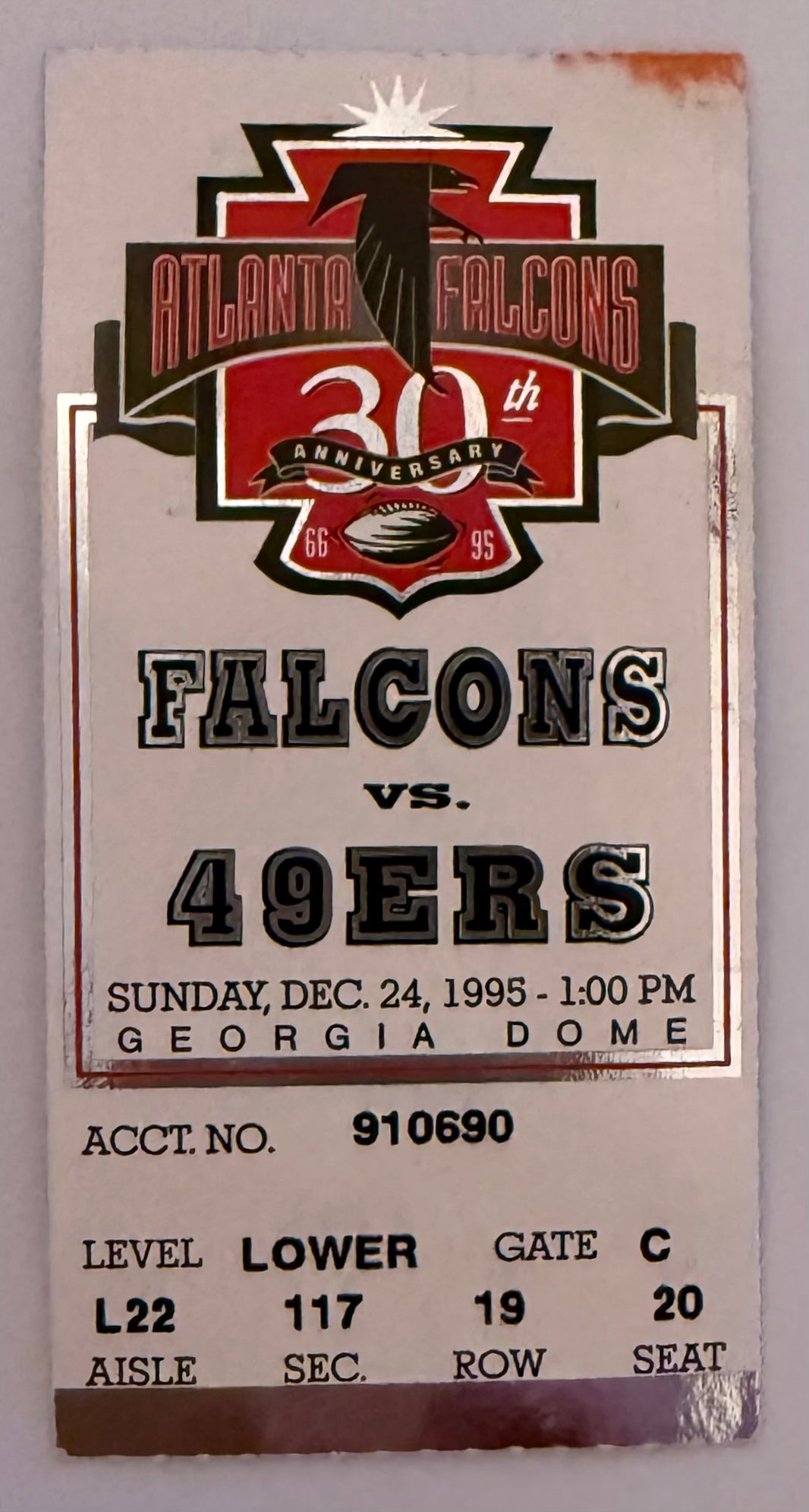 1995 Atlanta Falcons versus San Francisco 49ers at the Georgia Dome Stub, December 24, 1995