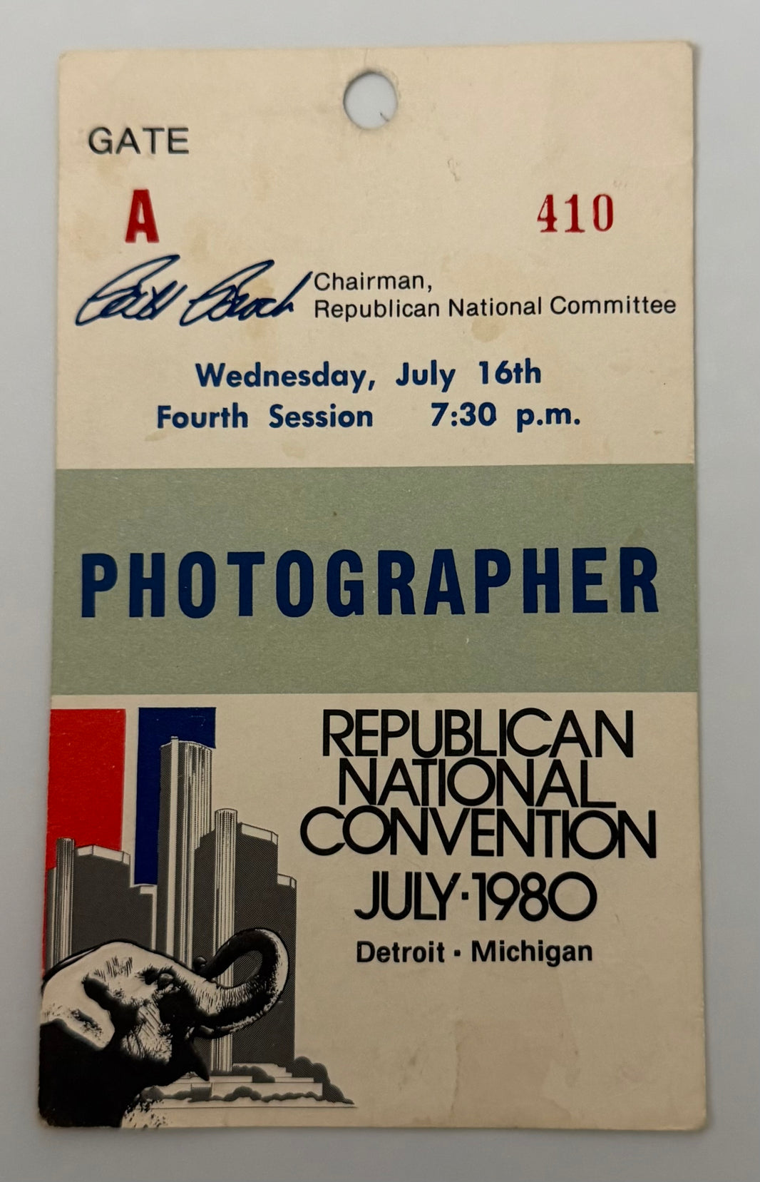 1980 Photographer Badge to the July 16 Fourth Session of the Republican National Convention