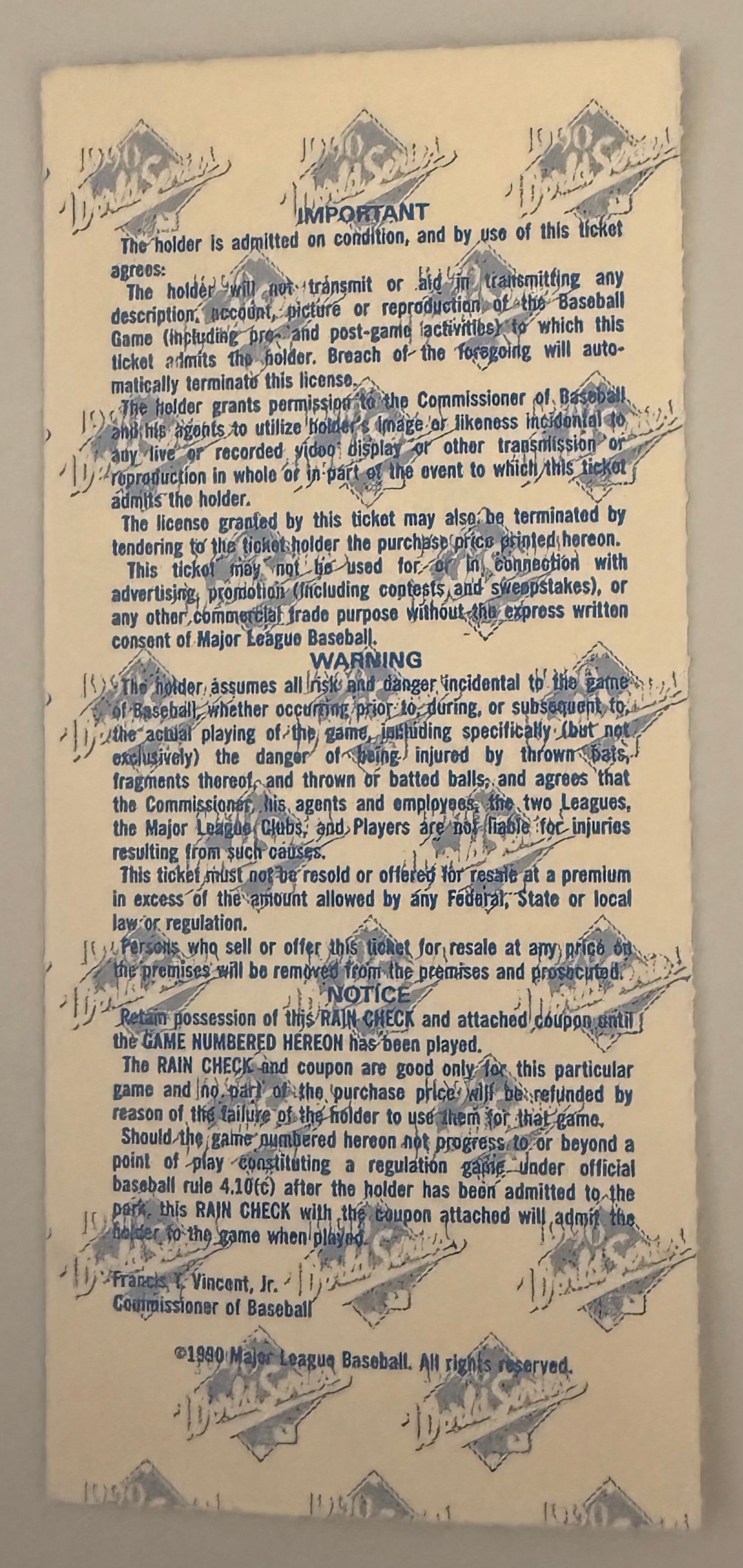 1990 World Series Game 2, Cincinnati Reds versus Oakland, Signed by Eric Davis