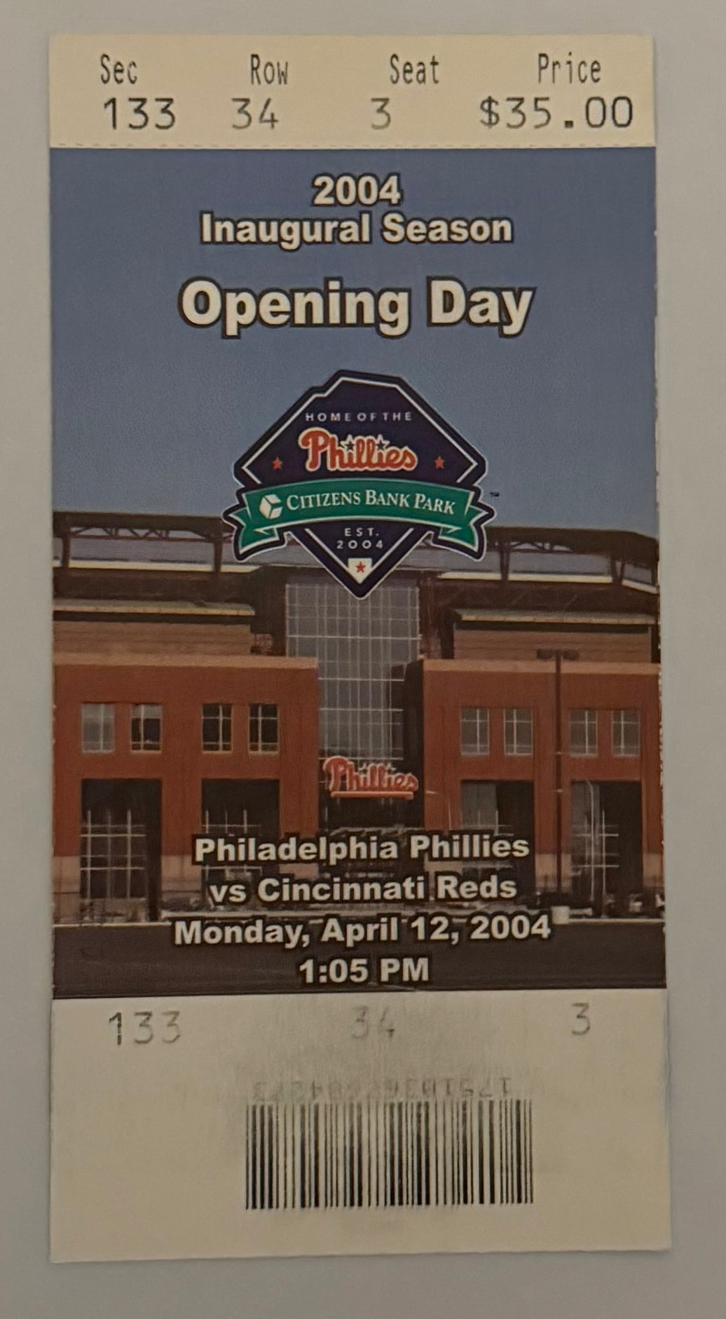 2004 Inaugural Season at Citizens Bank Park, Phillies versus Reds, April 12, 2004