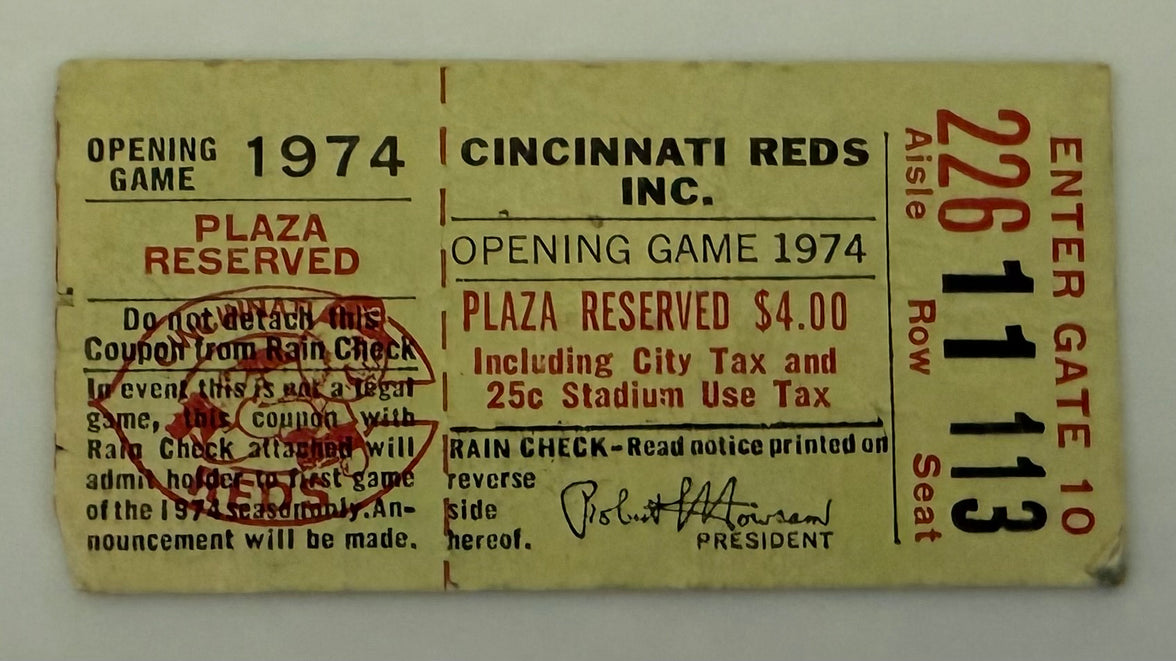 1974 Cincinnati Reds Opening Day Game, Hank Aaron ties Babe Ruth's Home Run Record.  Also, Marty Brennaman Debut