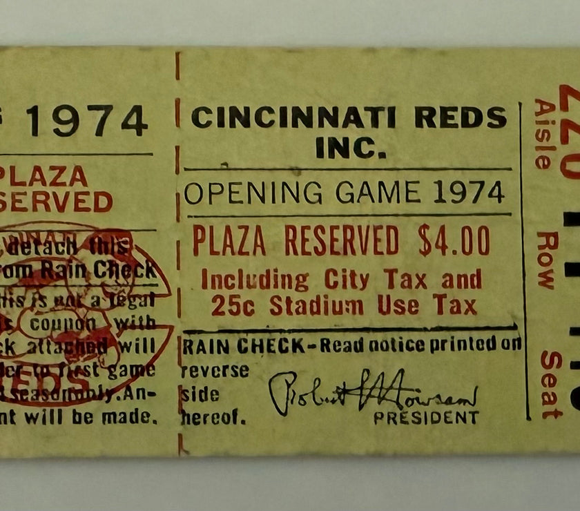 1974 Cincinnati Reds Opening Day Game, Hank Aaron ties Babe Ruth's Home Run Record.  Also, Marty Brennaman Debut