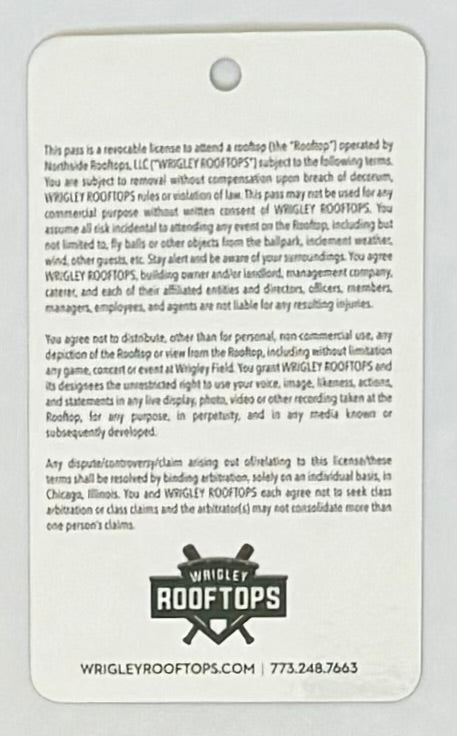 2018 ticket to Wrigley Rooftops  3609 N. Sheffield  Chicago Cubs versus Cincinnati Reds August 25, 2018