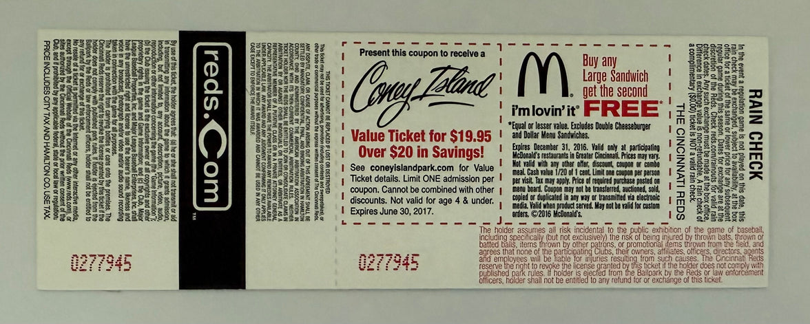 2016 Reds Opening Day Ticket 4/4/2016