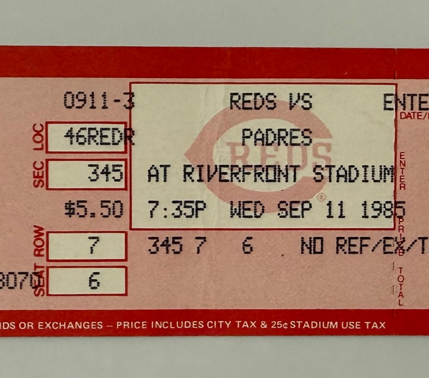 1985 Full Ticket Pete Rose Achieves Milestone Hit 4192  to Break Ty Cobb‘s Record September 11, 1985