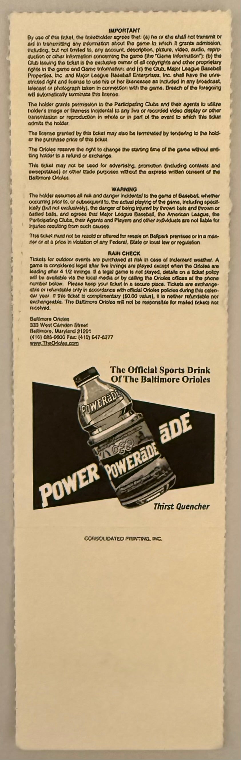 October 6, 2001, Cal Ripken Final Game Ticket, Originally Scheduled 9/16/01