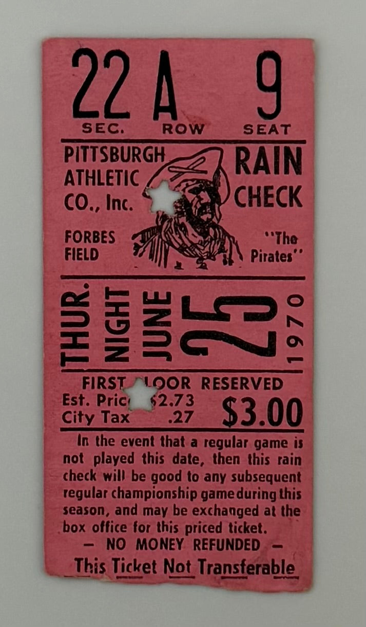 1970 June 25, 1970 Game at Forbes Field, Pittsburgh Pirates Roberto Clemente Goes 2/5