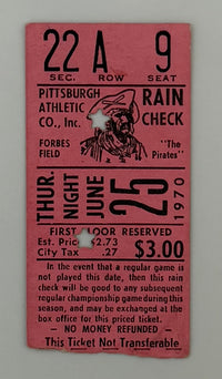 1970 June 25, 1970 Game at Forbes Field, Pittsburgh Pirates Roberto Clemente Goes 2/5