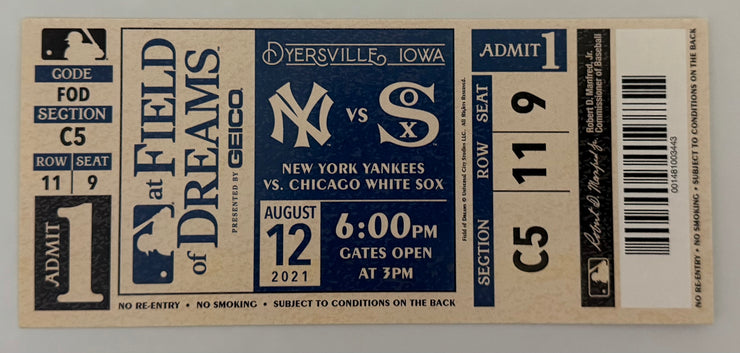 2021 Souvenir Ticket to  First Field of Dreams Game New York Yankees versus Chicago White Sox August 12, 2021