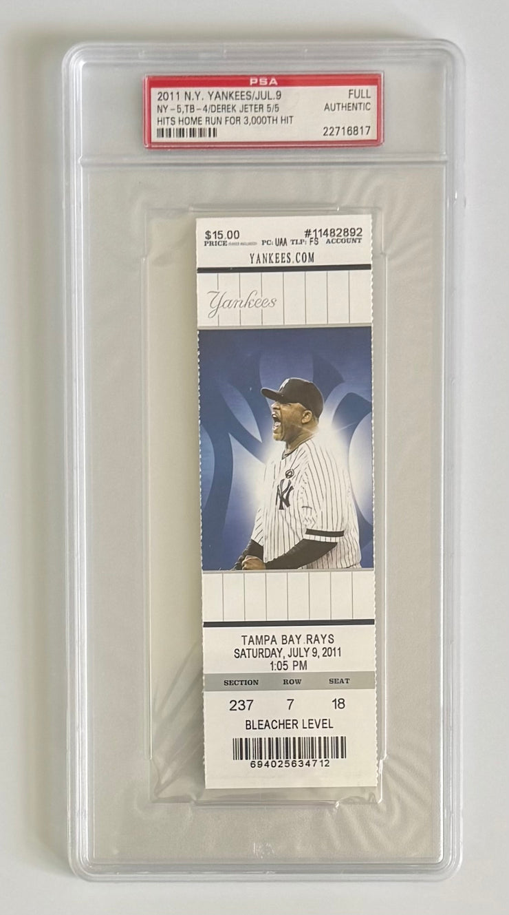 2011 Full Unused Ticket, July 9, 2011, Derek Jeter 5/5 Hits HR for 3000th Hit, PSA Graded
