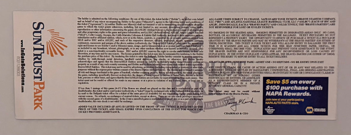 2017 Atlanta Braves First Game at Suntrust Park, Braves versus San Diego Padres, April 14, 2017