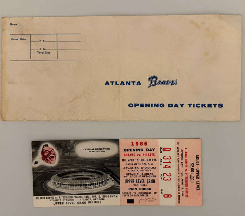 1969 Atlanta Braves First Ever Opening Day Ticket, First Game as a Franchise, Includes Ticket Envelope