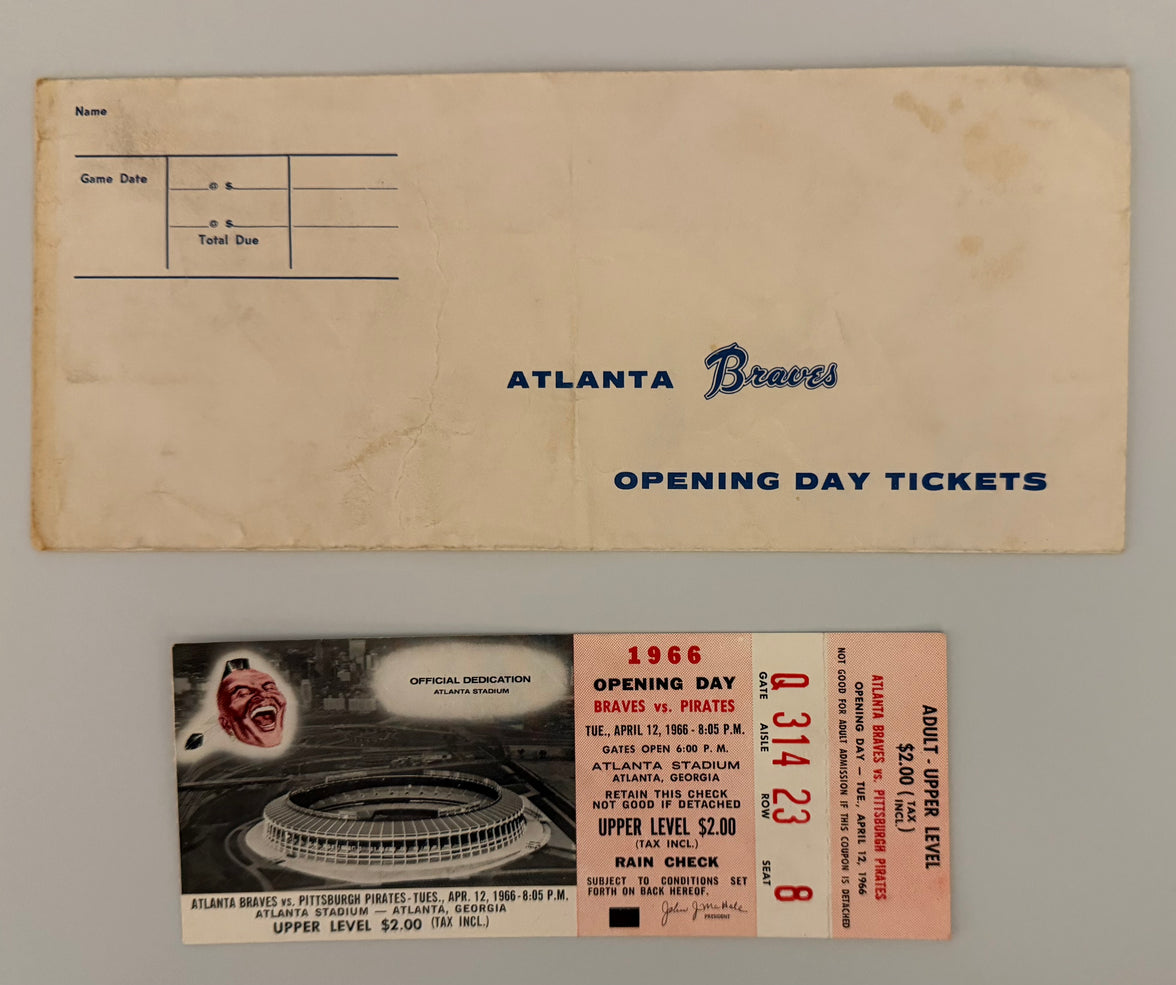 1969 Atlanta Braves First Ever Opening Day Ticket, First Game as a Franchise, Includes Ticket Envelope