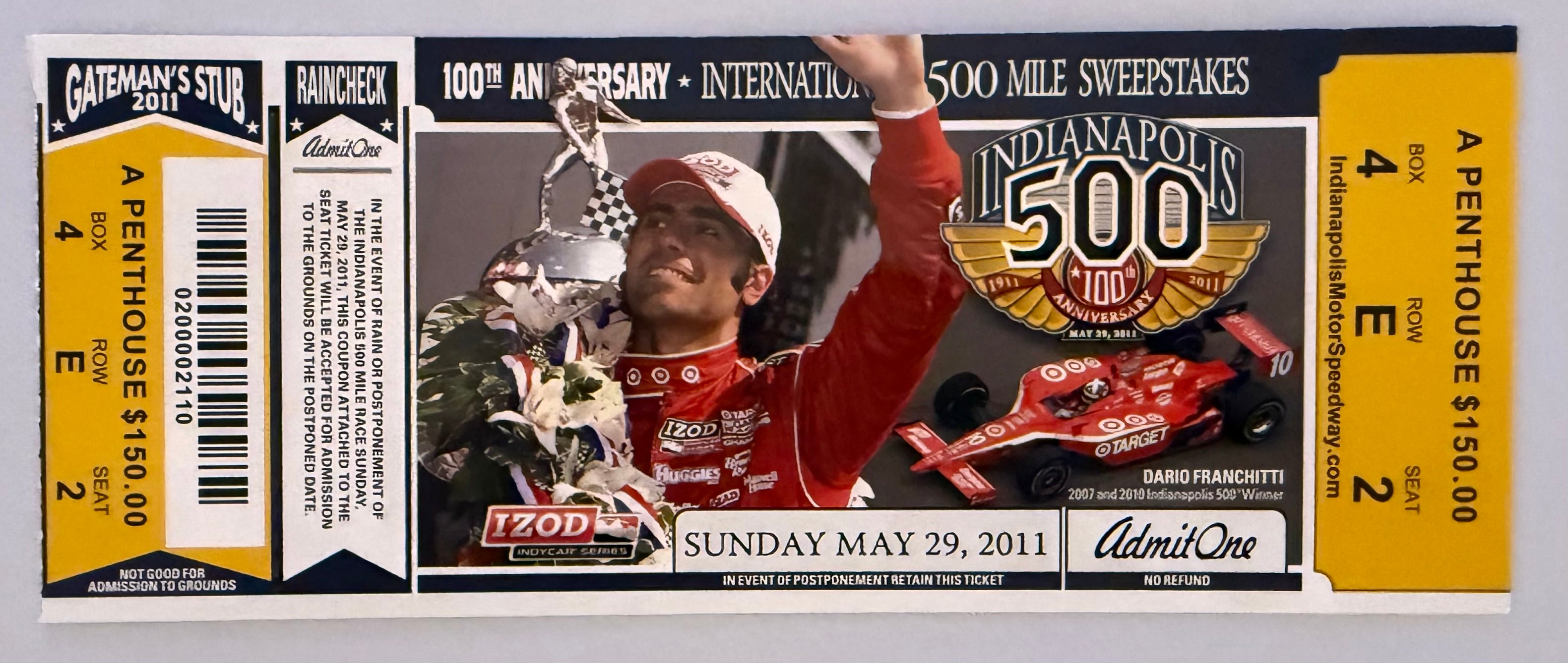 May 29, 2011, 100th Anniversary, Indianapolis 500, Full Penthouse Ticket