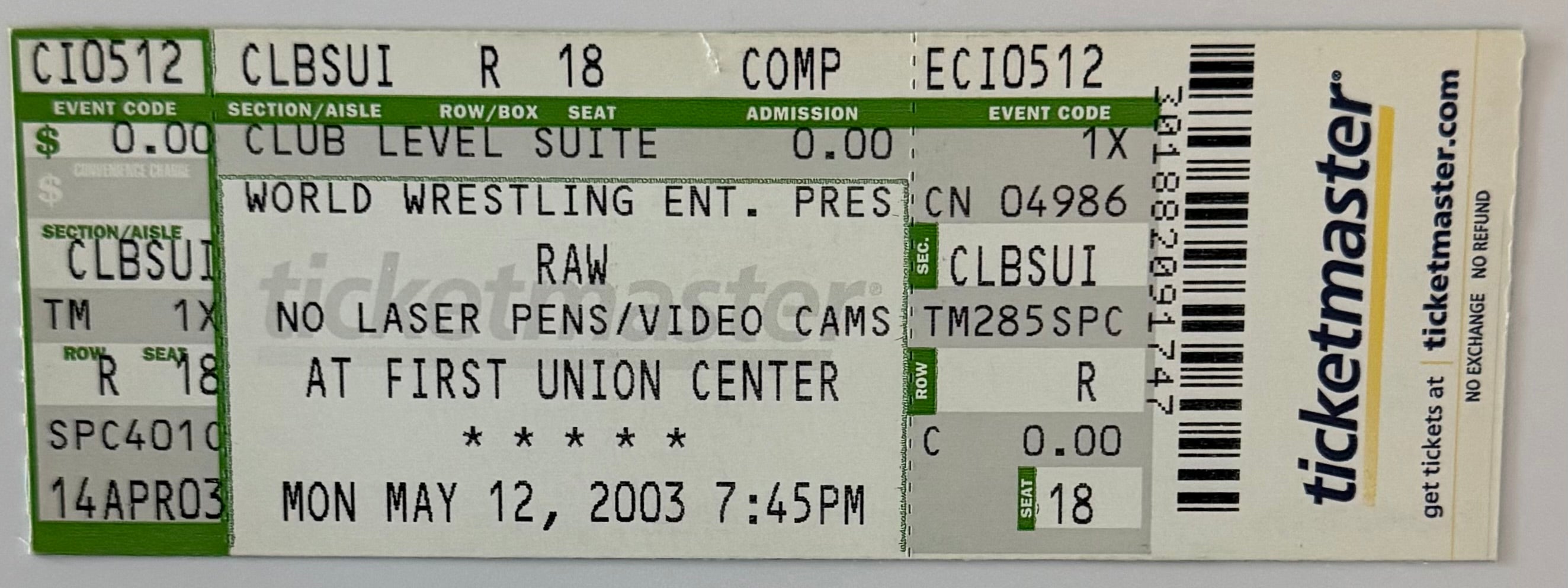 May 12, 2003, CM Punk First WWE Match Debut Full Ticket - Dark Match Victory
