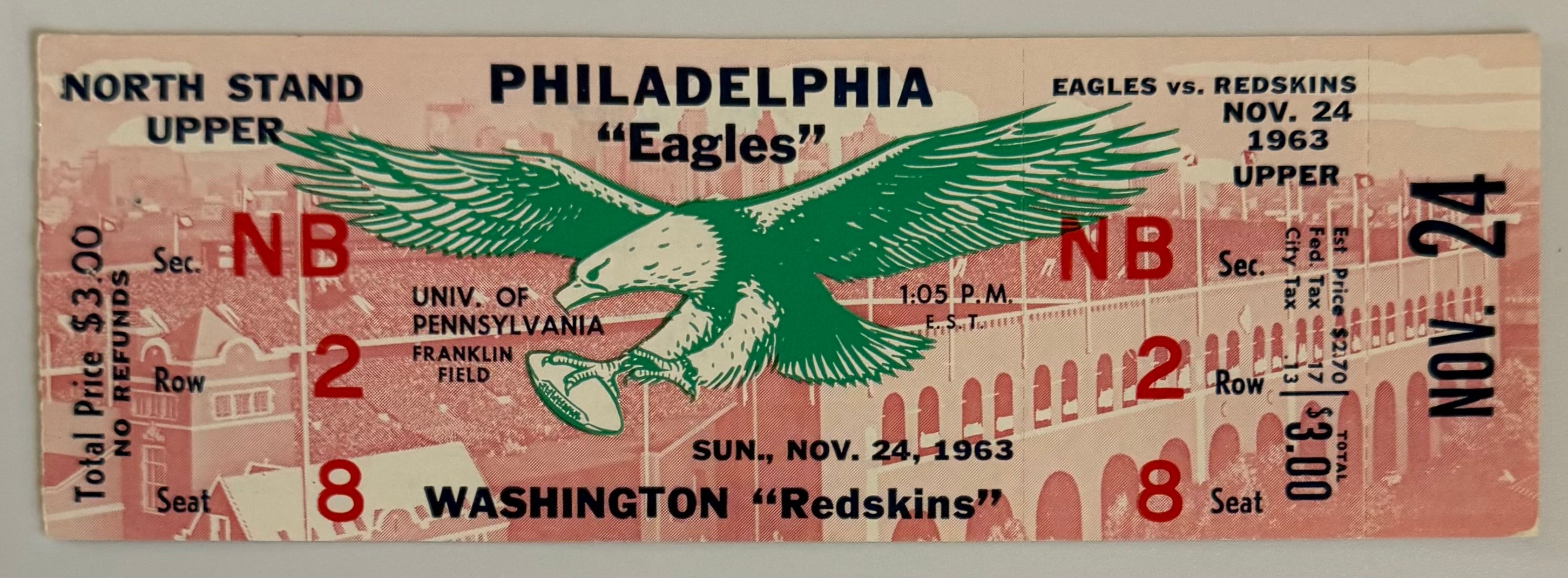 November 24, 1963, Redskins versus Eagles, JFK Assassination Weekend, Full Ticket