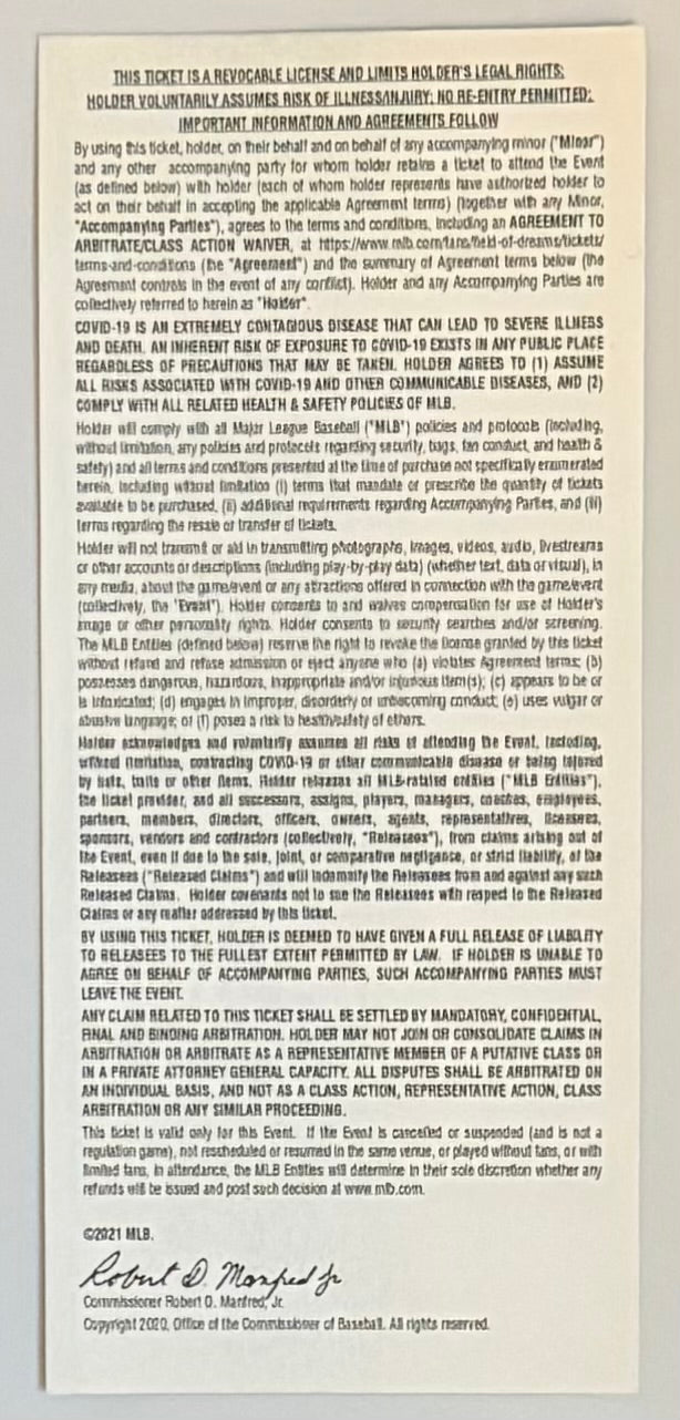 August 12, 2021, Souvenir Ticket, First Ever Field of Dreams Game, Yankees versus White Sox