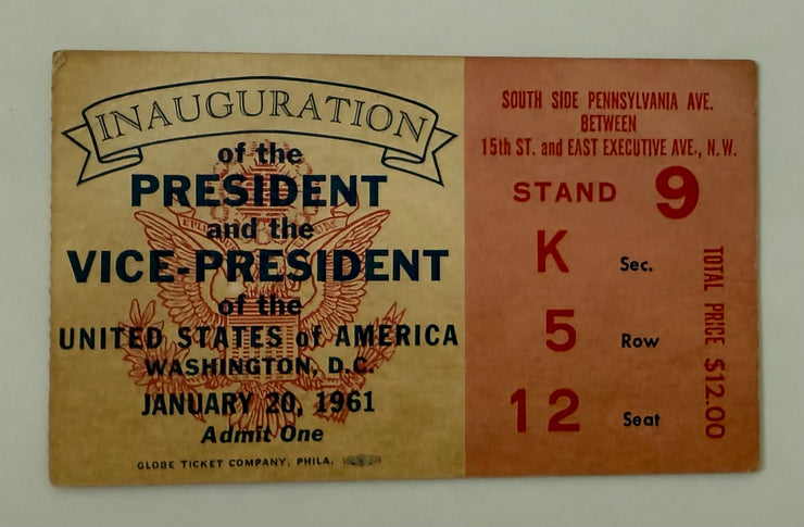 1961 Stub to the Inauguration of John F. Kennedy and Lyndon Johnson, January 20, 1961