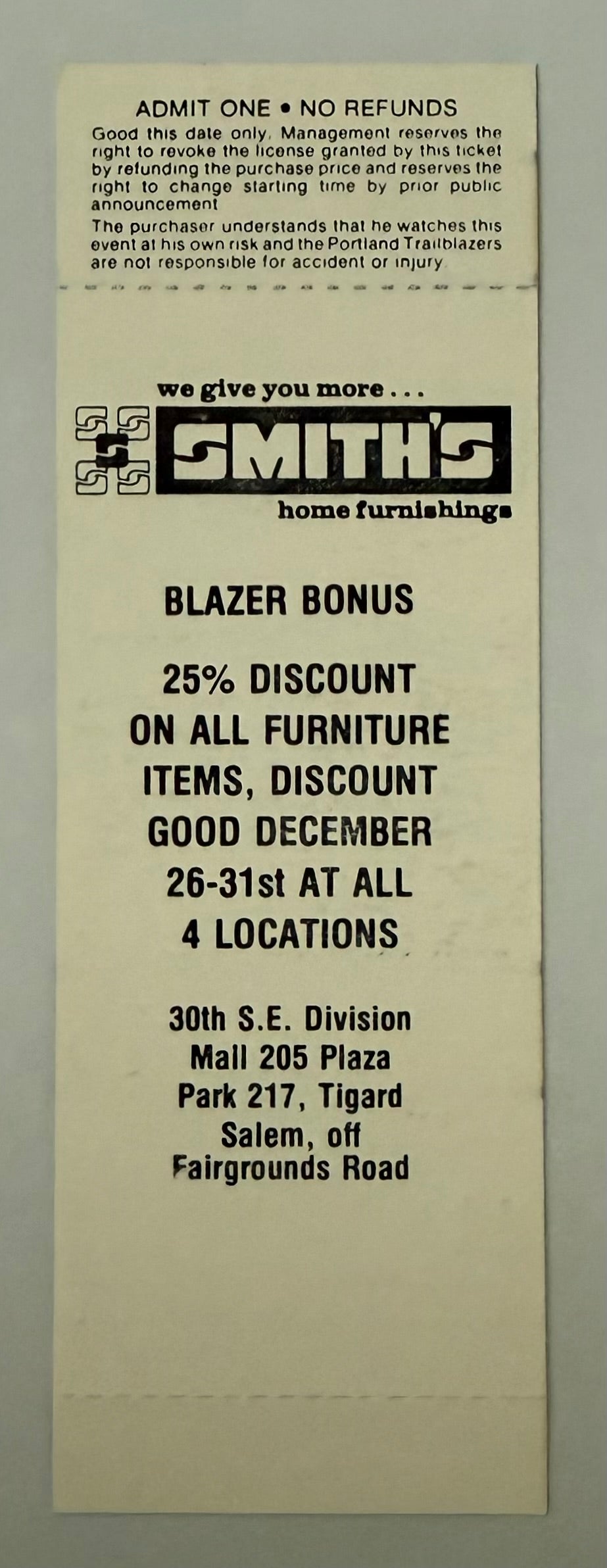 1983 Portland Trailblazers versus Los Angeles Lakers, Christmas Day Game 12/25/1983, Press Table Ticket, Kareem Abdul-Jabbar on Ticket