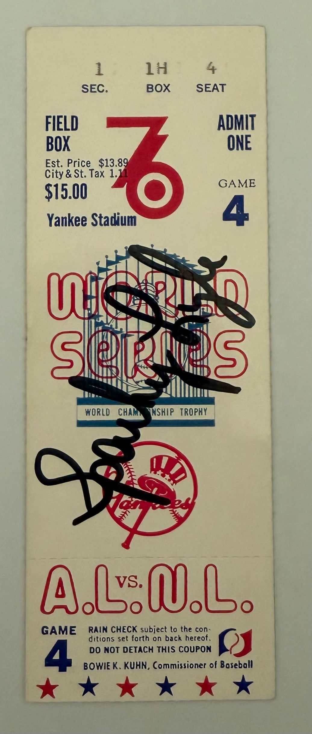 1976 World Series Game 4 at Yankee Stadium, Cincinnati Reds Clinch Series, Autographed by Sparky Lyle, Not Obtained in Person