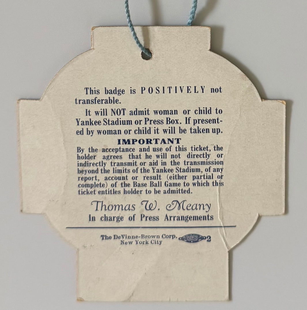 1938 World Series Press Pass, Gehrig's Last WS, See Pics