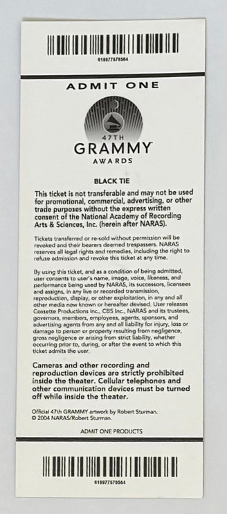 2005 Grammy Awards Ceremony Full Ticket, 2/13/2005