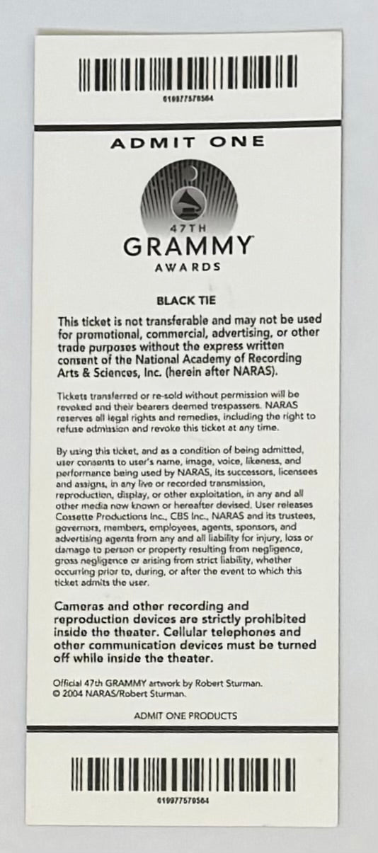 2005 Grammy Awards Ceremony Full Ticket, 2/13/2005