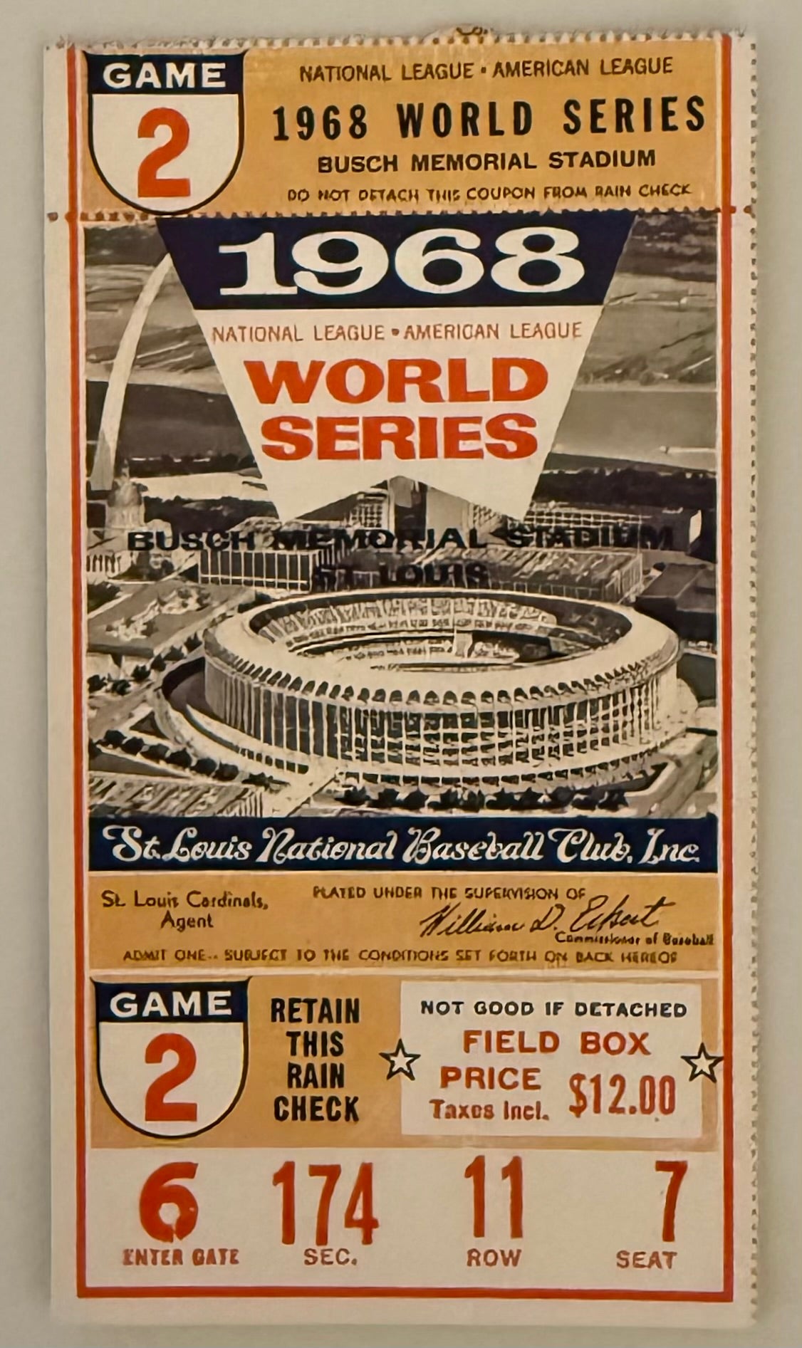 1968 World Series Ticket Stub Game 2, St. Louis Cardinals versus Detroit Tigers, Mickey Lolich Winning Pitcher