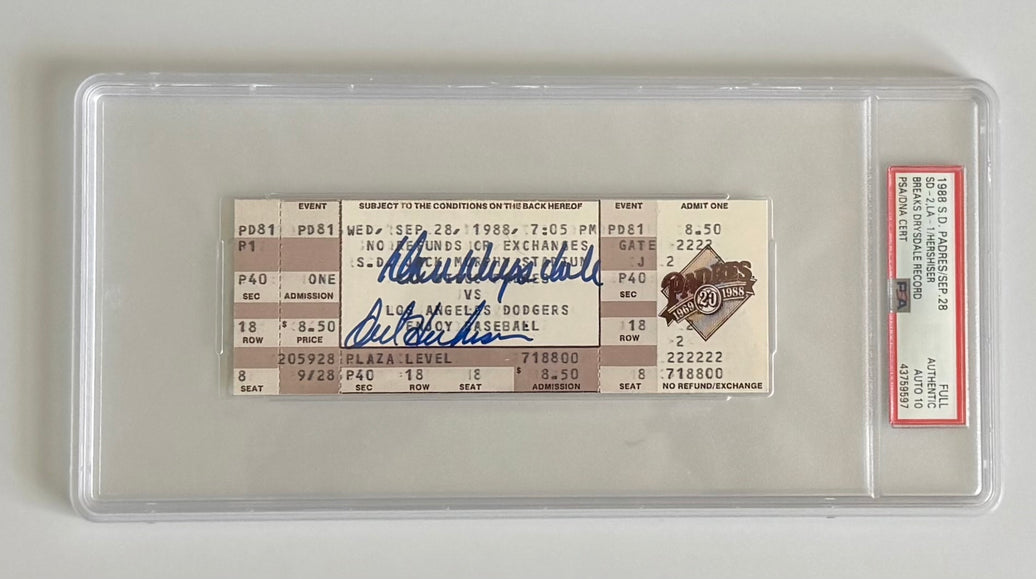 1988 San Diego Padres, September 28, 1988, San Diego 2 - LA 1, Orel Hershiser Breaks Don Drysdale's Scoreless Inning Streak, Signed by Both Drysdale and Hershiser, Autographs Graded PSA 10