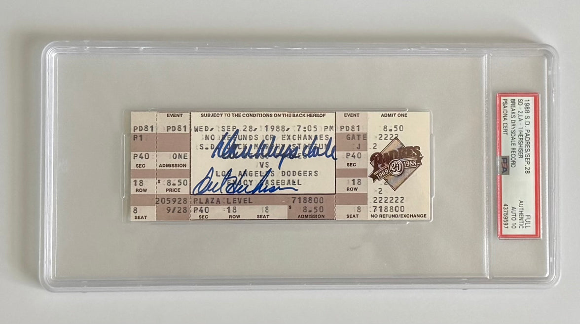 1988 San Diego Padres, September 28, 1988, San Diego 2 - LA 1, Orel Hershiser Breaks Don Drysdale's Scoreless Inning Streak, Signed by Both Drysdale and Hershiser, Autographs Graded PSA 10