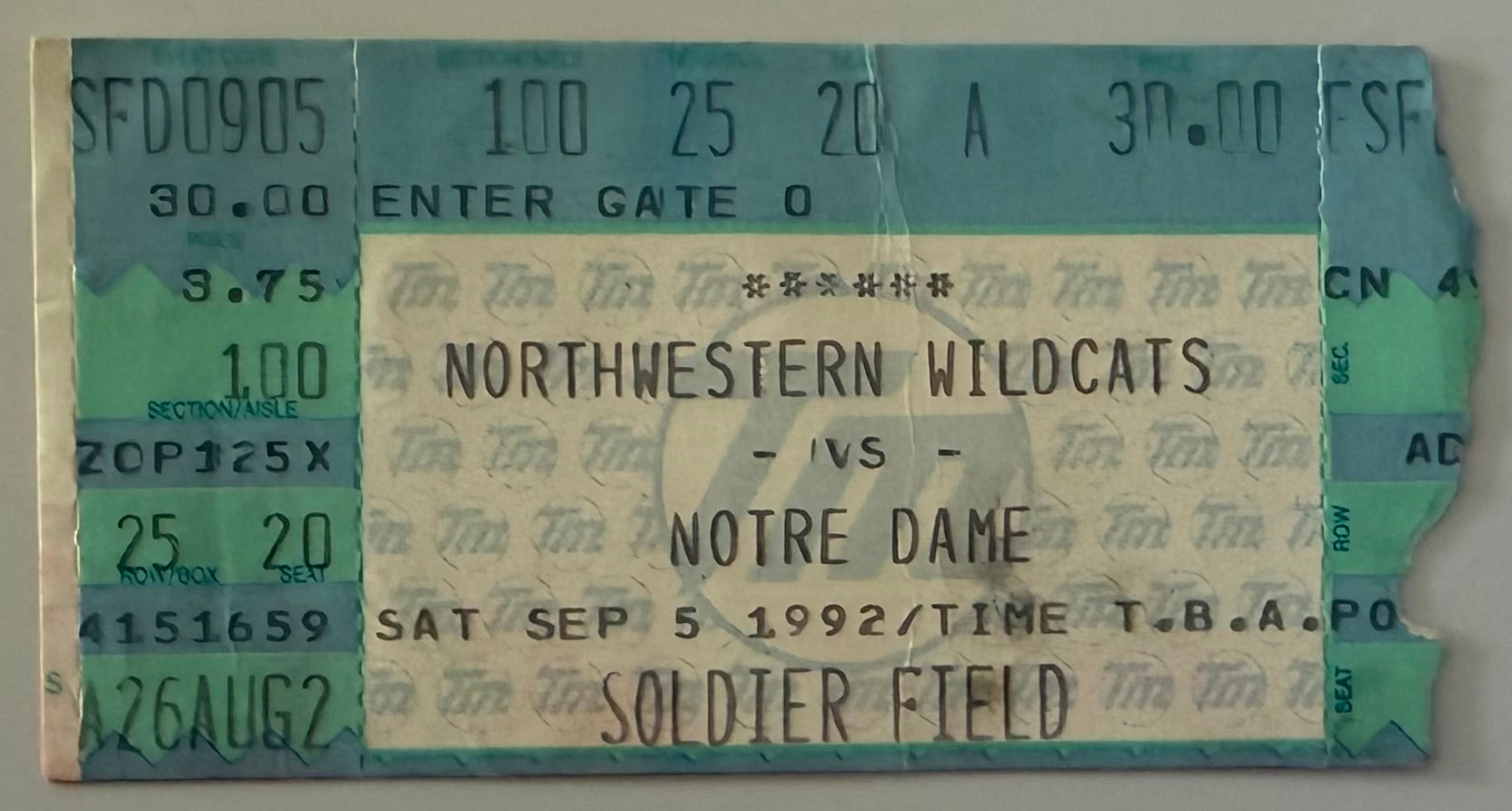 September 5, 1992, Northwestern versus Notre Dame at Soldier Field