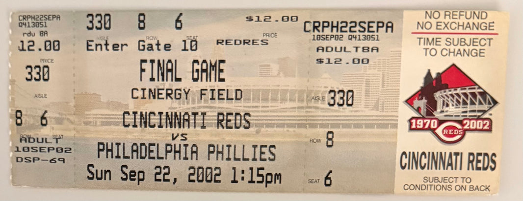 September 22, 2002, Reds versus Phillies, Last Game at Cinergy Field