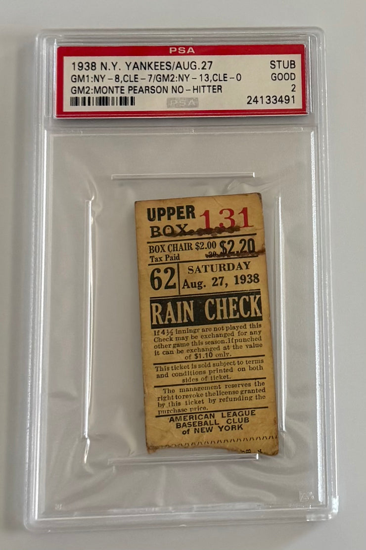 1938 Monte Pearson Pitches First No Hitter at old Yankee Stadium, August 27, 1938, PSA Graded Good 2