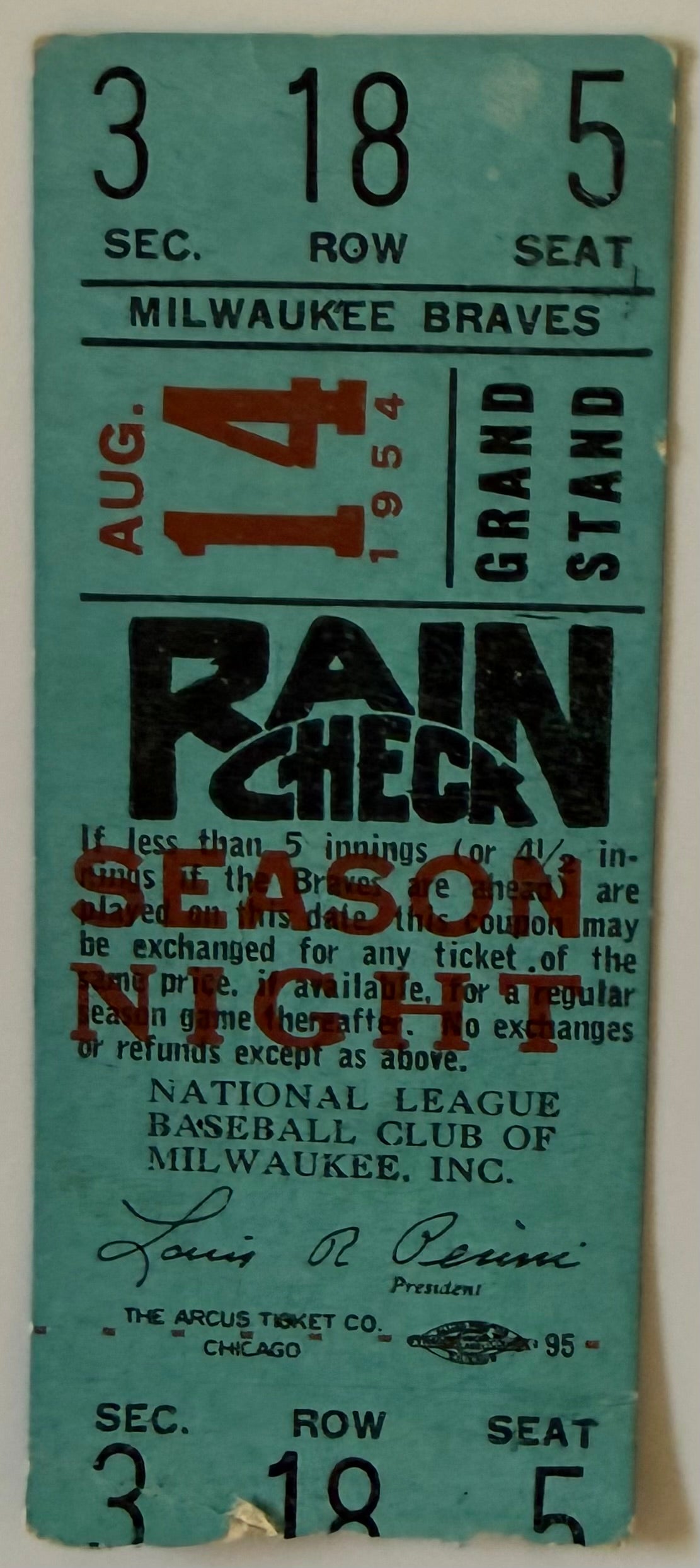 August 14, 1954, Braves versus Cubs-Rookies Aaron One Hit/Banks One Hit, Ralph Kiner Home Run