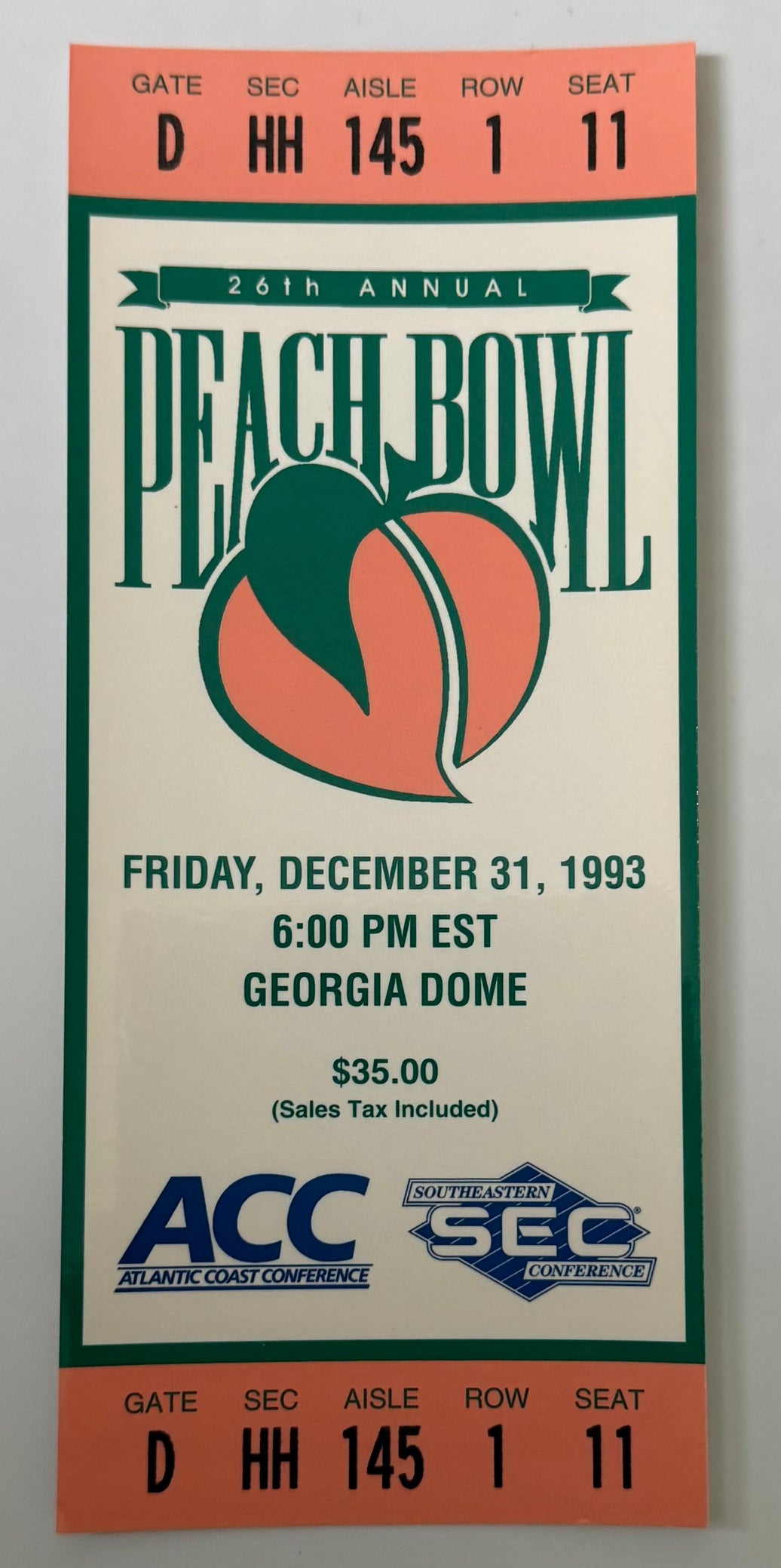 1993 Peach Bowl Game Played in Atlanta between University of Kentucky and Clemson December 31, 1993, Mint Full Ticket
