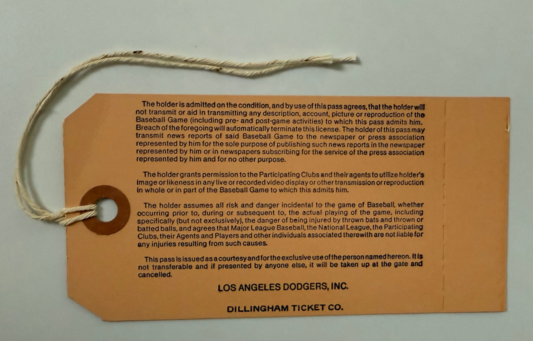 1987 Los Angeles Dodgers, Dugout Box Seat Level Press Pass