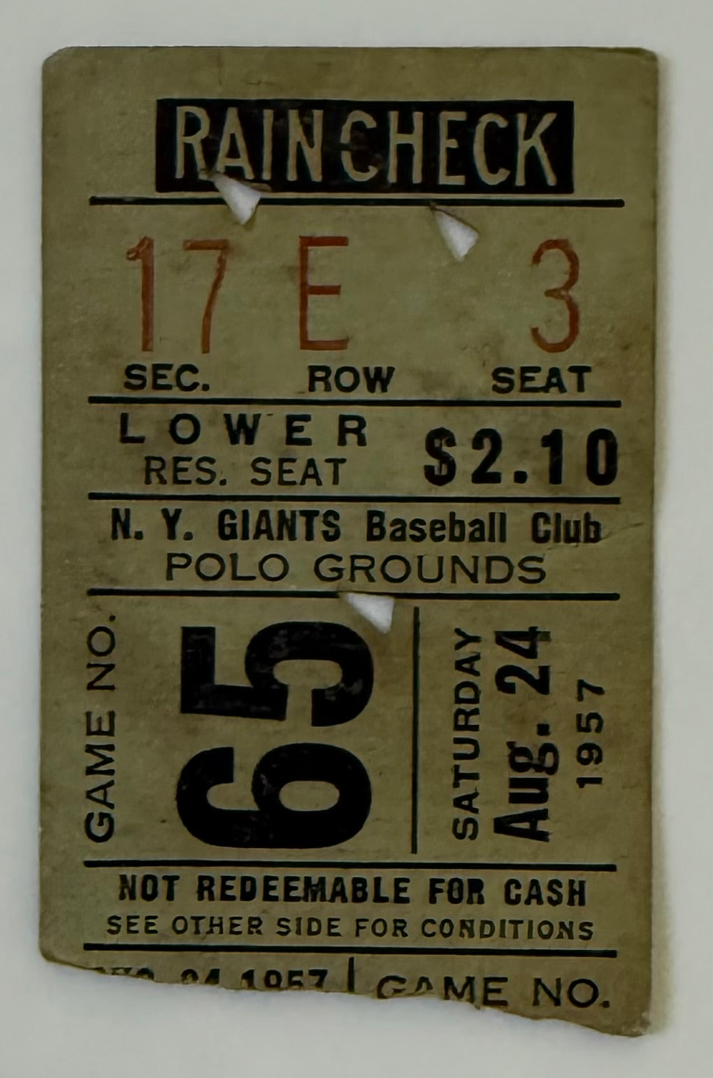 1957 - New York Giants at Polo Grounds vs Chicago Cubs, 8/24/57, Ernie Banks Home Run