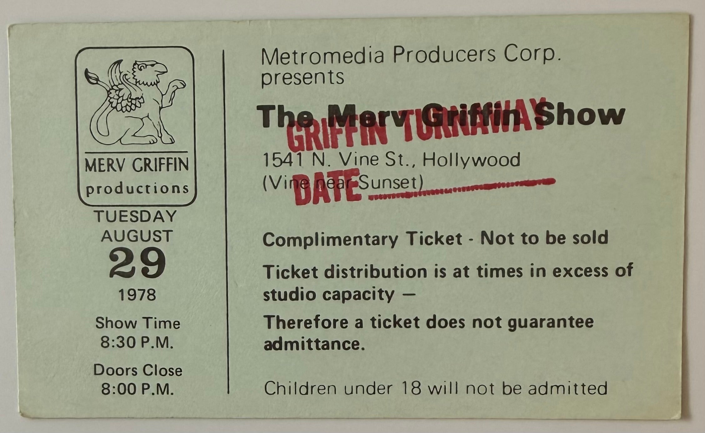 August 29, 1978, Merv Griffin Show Taping