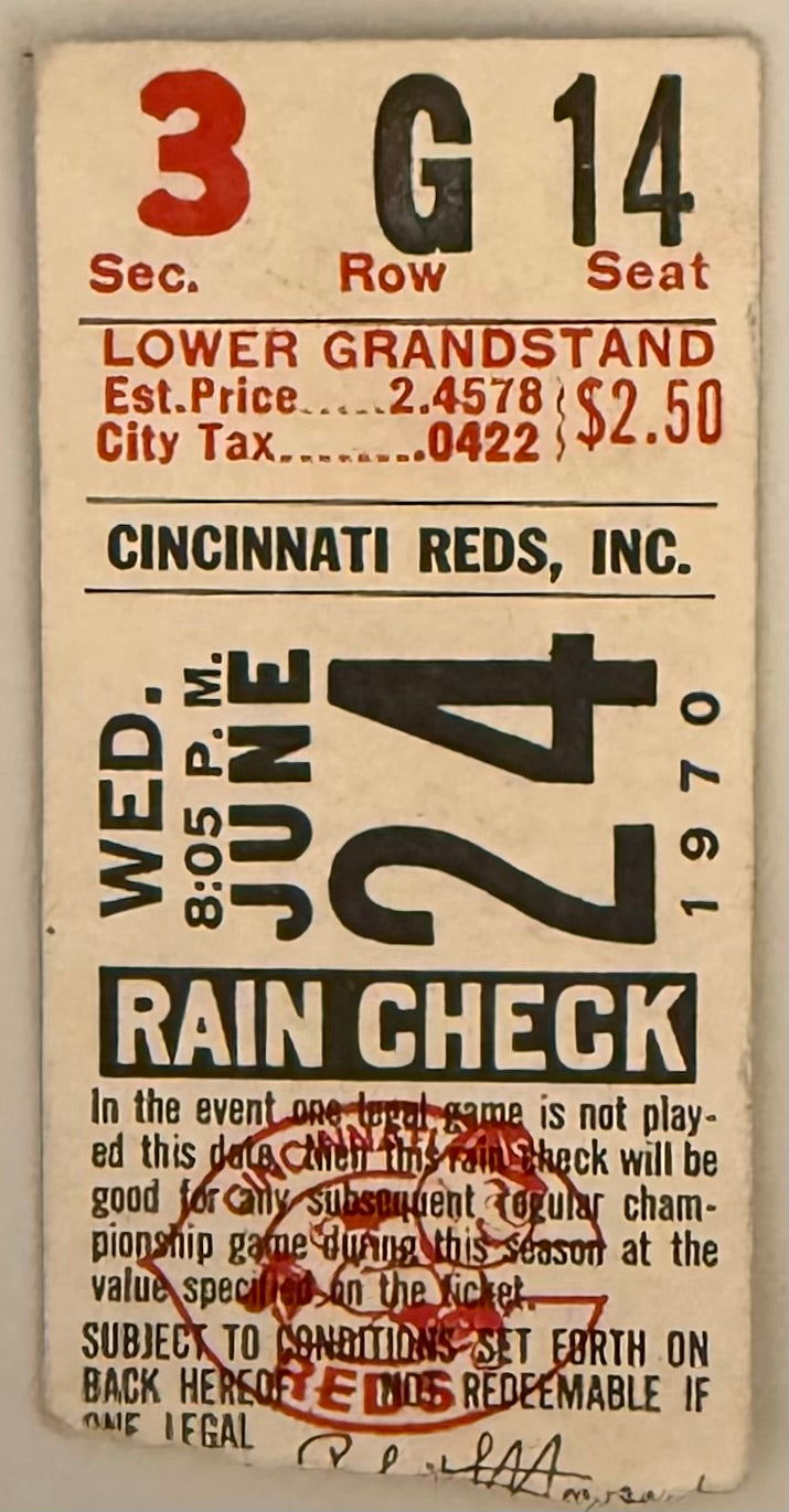 June 24, 1970, Last Game, Crosley Field, Good Condition-Mark on Reverse