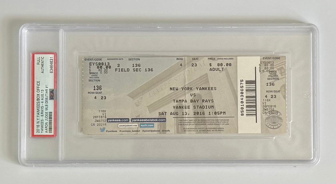 2016 New York Yankees Box Office Ticket, Graded PSA Full Authentic, Aaron Judge MLB Debut and HR #1, Crease, 8/13/16