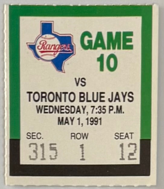 May 1, 1991, Audit Stub - Nolan Ryan Seventh No Hitter