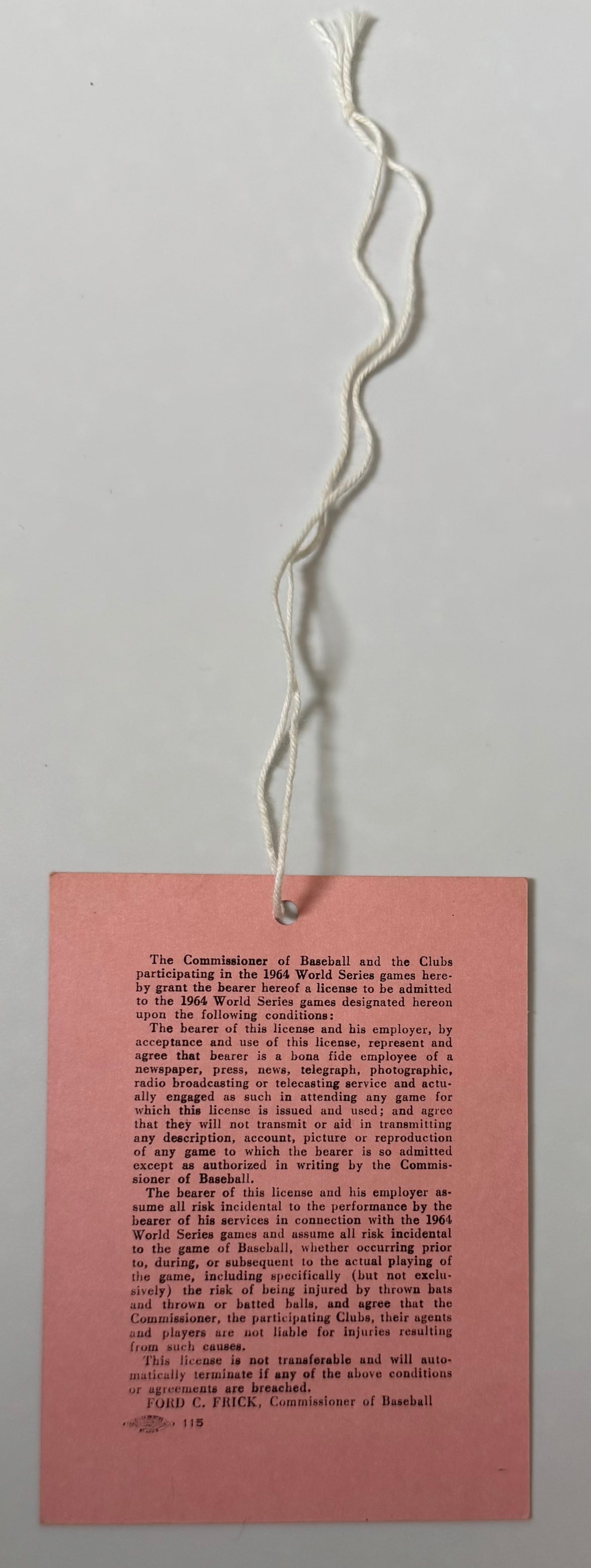 1964 World Series Clubhouse Pass at Busch Stadium