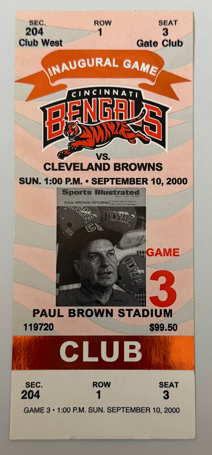 2000 Cincinnati Bengals First Regular Season Opening Game at Paul Brown Stadium, Ticket Labeled Inaugural Game, September 10, 2000