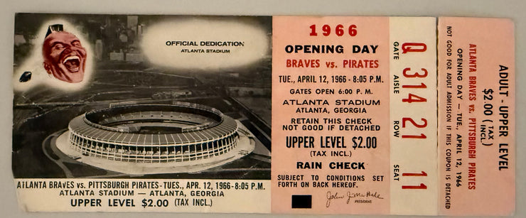 1969 Atlanta Braves First Ever Opening Day Ticket,Poor Condition